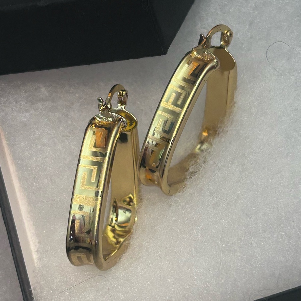Greek Key Meander Pattern Gold Hoops - Picture 10 of 16